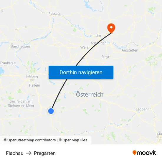 Flachau to Pregarten map