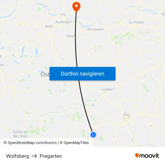 Wolfsberg to Pregarten map