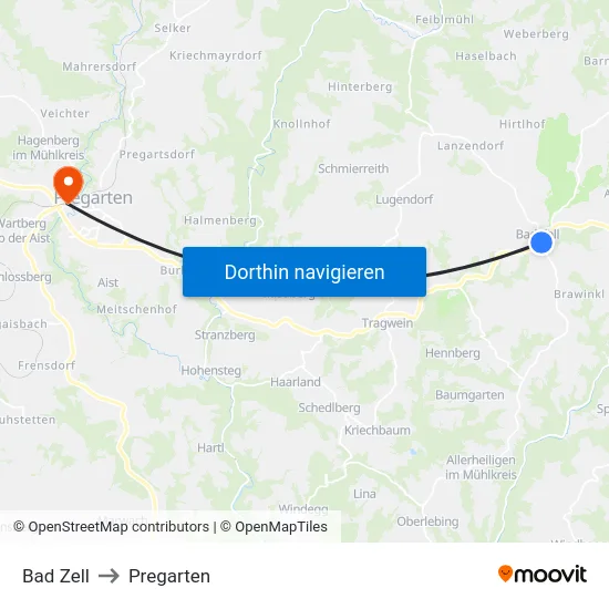 Bad Zell to Pregarten map