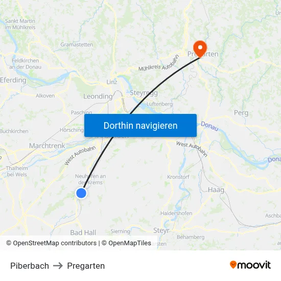 Piberbach to Pregarten map