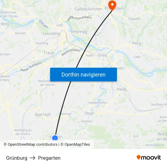 Grünburg to Pregarten map
