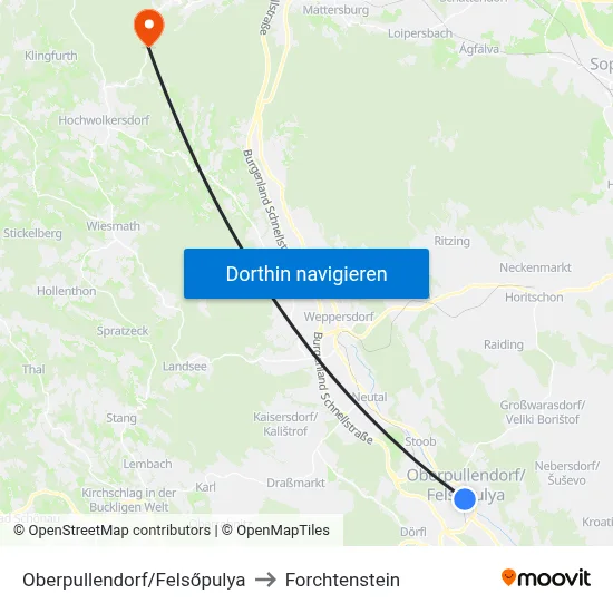 Oberpullendorf/Felsőpulya to Forchtenstein map