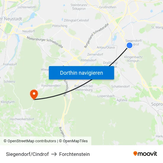 Siegendorf/Cindrof to Forchtenstein map