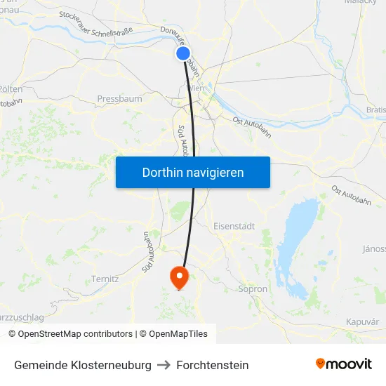 Gemeinde Klosterneuburg to Forchtenstein map