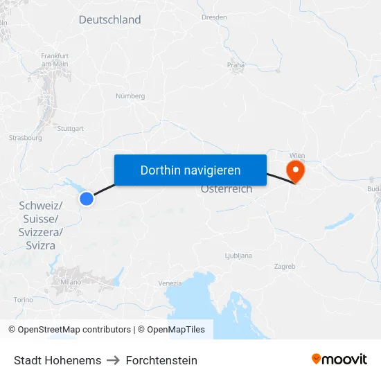 Stadt Hohenems to Forchtenstein map