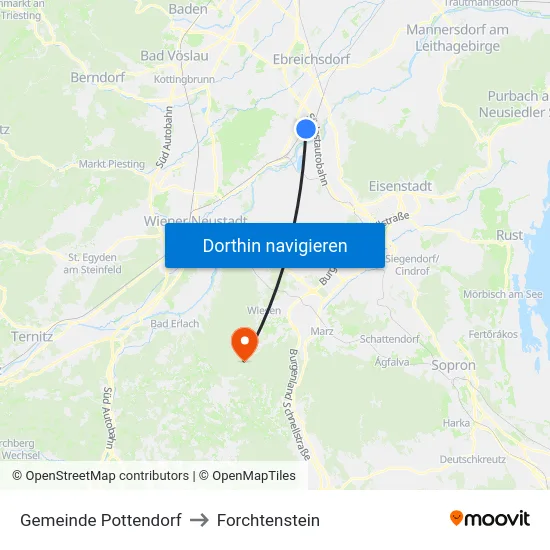 Gemeinde Pottendorf to Forchtenstein map