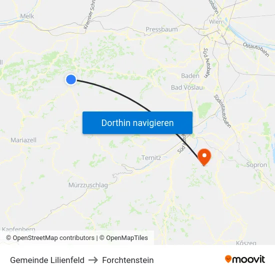 Gemeinde Lilienfeld to Forchtenstein map