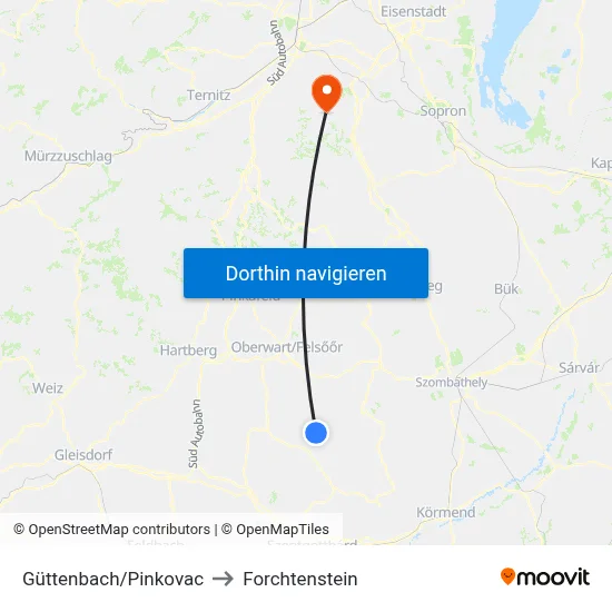 Güttenbach/Pinkovac to Forchtenstein map