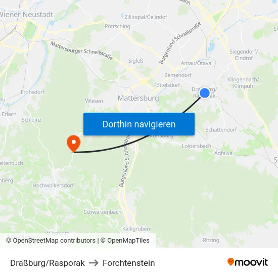 Draßburg/Rasporak to Forchtenstein map