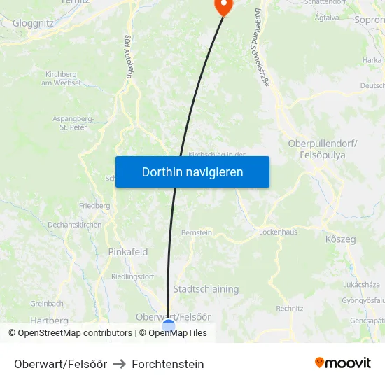 Oberwart/Felsőőr to Forchtenstein map