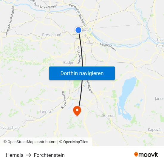 Hernals to Forchtenstein map
