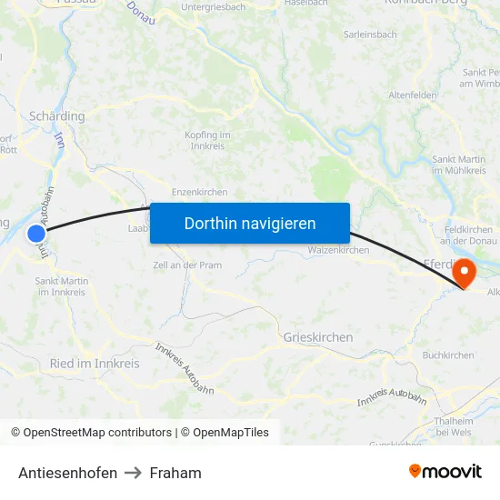 Antiesenhofen to Fraham map