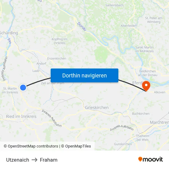 Utzenaich to Fraham map