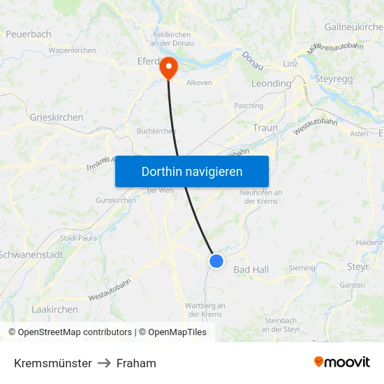 Kremsmünster to Fraham map