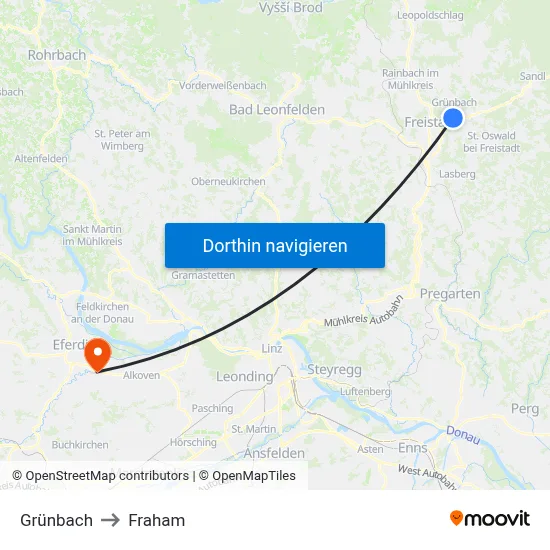 Grünbach to Fraham map