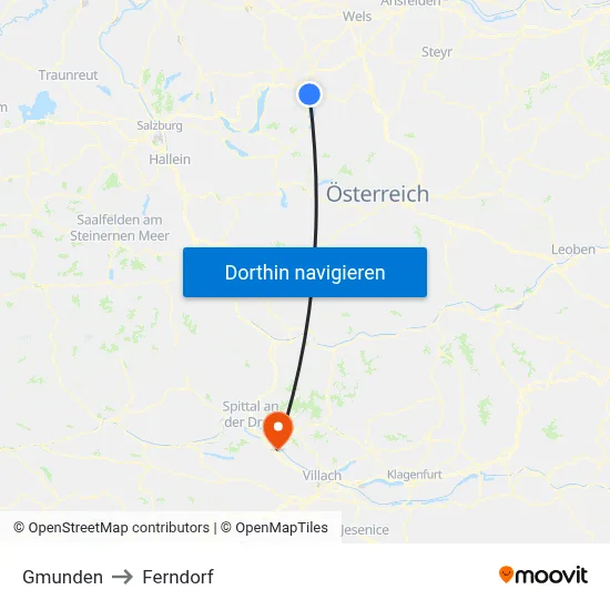Gmunden to Ferndorf map
