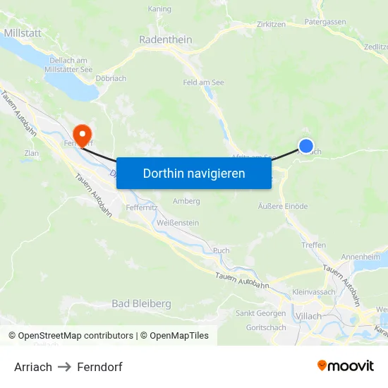 Arriach to Ferndorf map