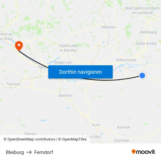 Bleiburg to Ferndorf map