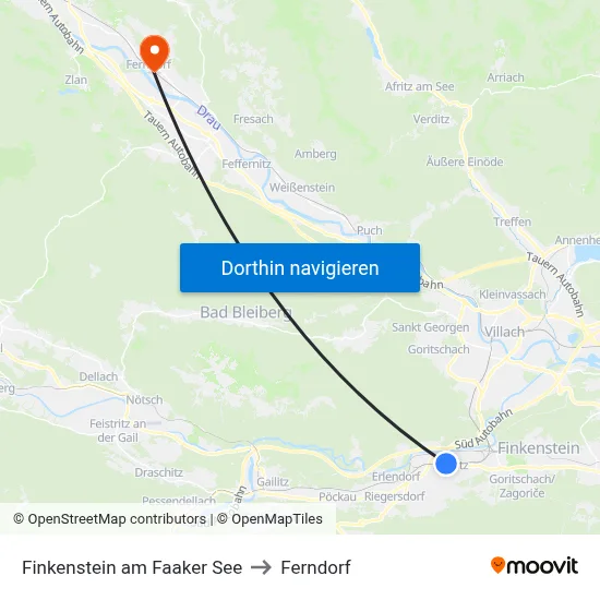 Finkenstein am Faaker See to Ferndorf map