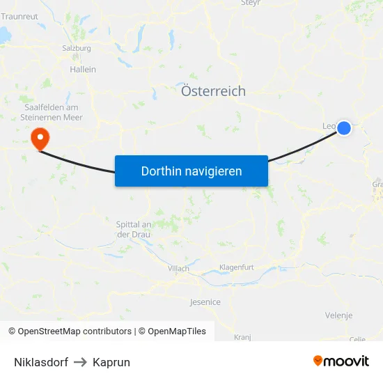 Niklasdorf to Kaprun map