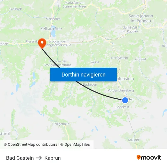 Bad Gastein to Kaprun map