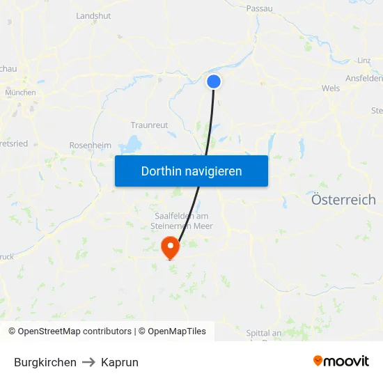 Burgkirchen to Kaprun map