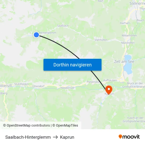 Saalbach-Hinterglemm to Kaprun map