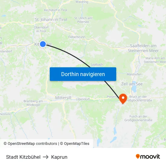 Stadt Kitzbühel to Kaprun map