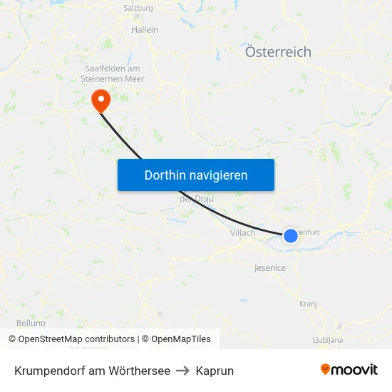 Krumpendorf am Wörthersee to Kaprun map