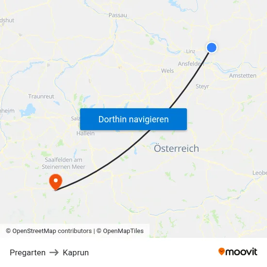 Pregarten to Kaprun map