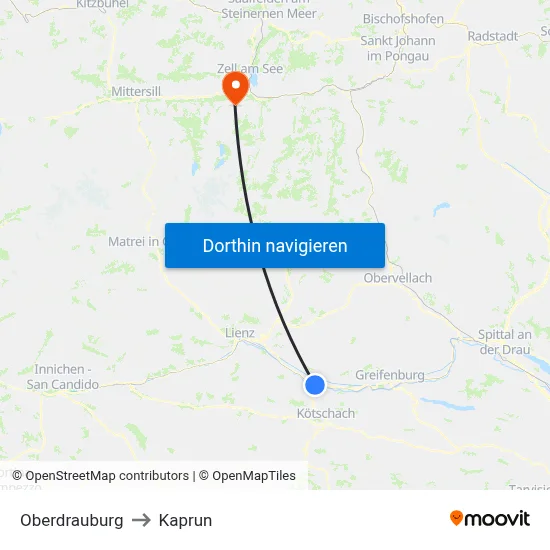 Oberdrauburg to Kaprun map