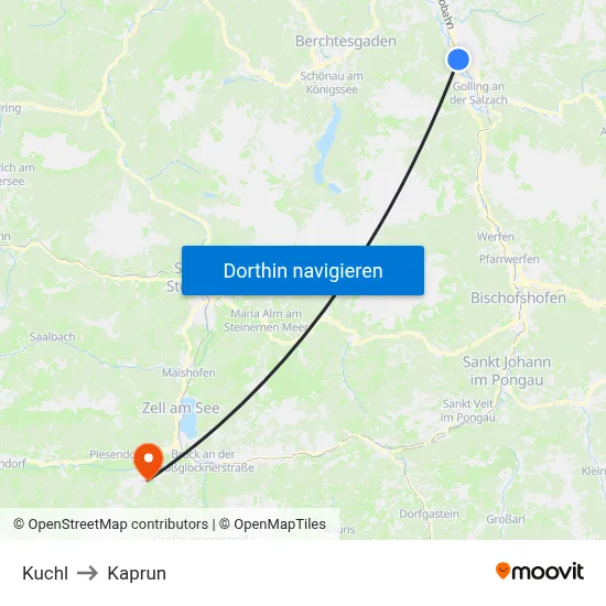 Kuchl to Kaprun map