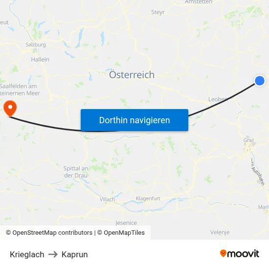 Krieglach to Kaprun map