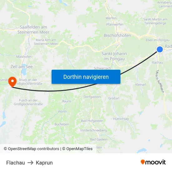 Flachau to Kaprun map