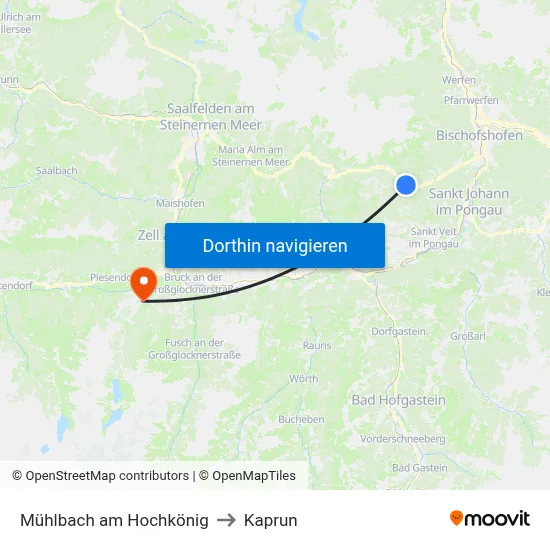 Mühlbach am Hochkönig to Kaprun map