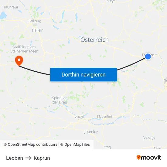 Leoben to Kaprun map