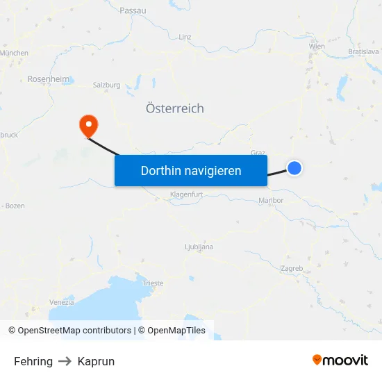 Fehring to Kaprun map