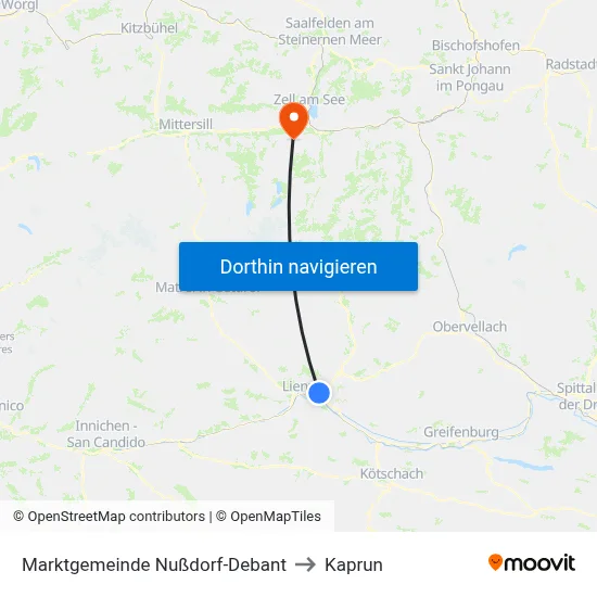 Marktgemeinde Nußdorf-Debant to Kaprun map