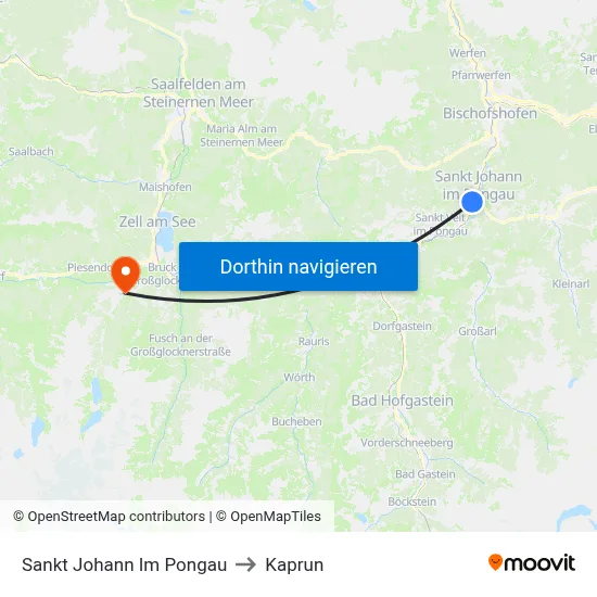Sankt Johann Im Pongau to Kaprun map