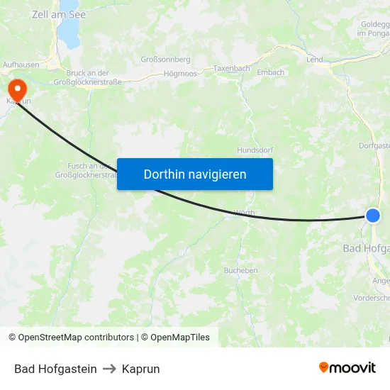 Bad Hofgastein to Kaprun map