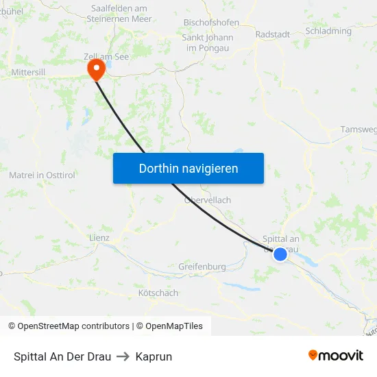Spittal An Der Drau to Kaprun map