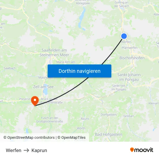 Werfen to Kaprun map
