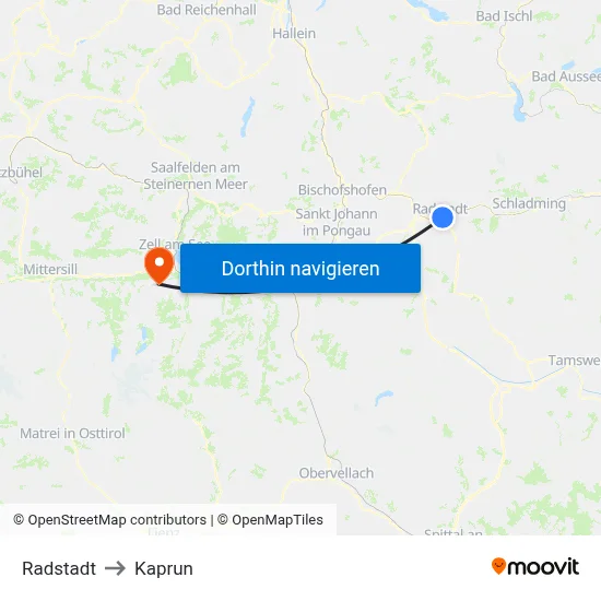 Radstadt to Kaprun map