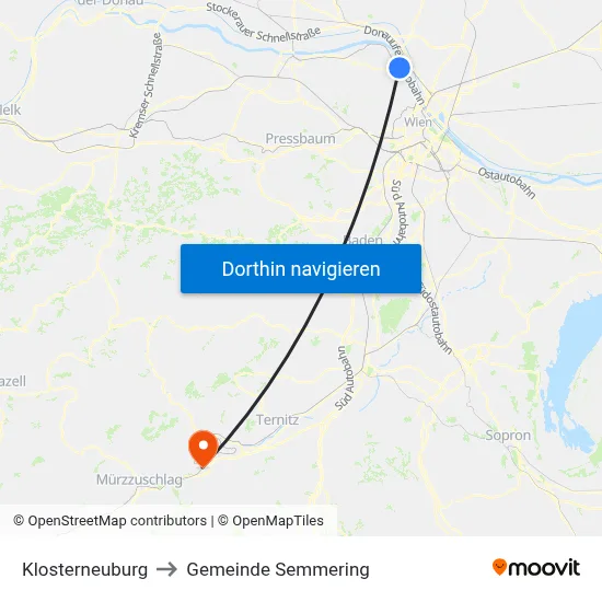 Klosterneuburg to Gemeinde Semmering map