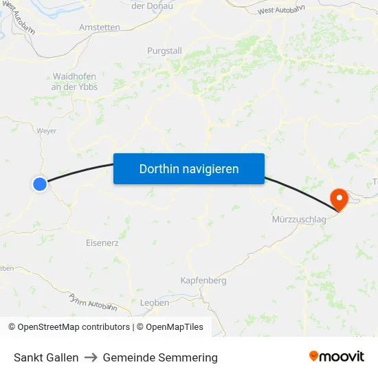 Sankt Gallen to Gemeinde Semmering map