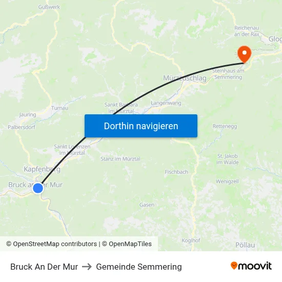Bruck An Der Mur to Gemeinde Semmering map