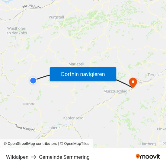Wildalpen to Gemeinde Semmering map