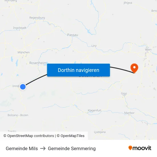 Gemeinde Mils to Gemeinde Semmering map