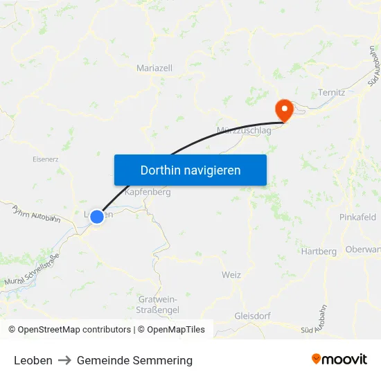 Leoben to Gemeinde Semmering map