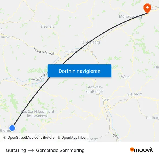 Guttaring to Gemeinde Semmering map